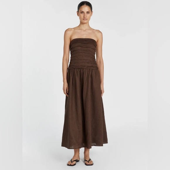 DISSH Catania Brown Linen Ruched Strapless A-line Dress in Bitter Chocolate US 8 - Picture 1 of 6